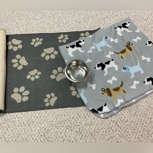Stainless Bowls, paw rug & puppy blanket.